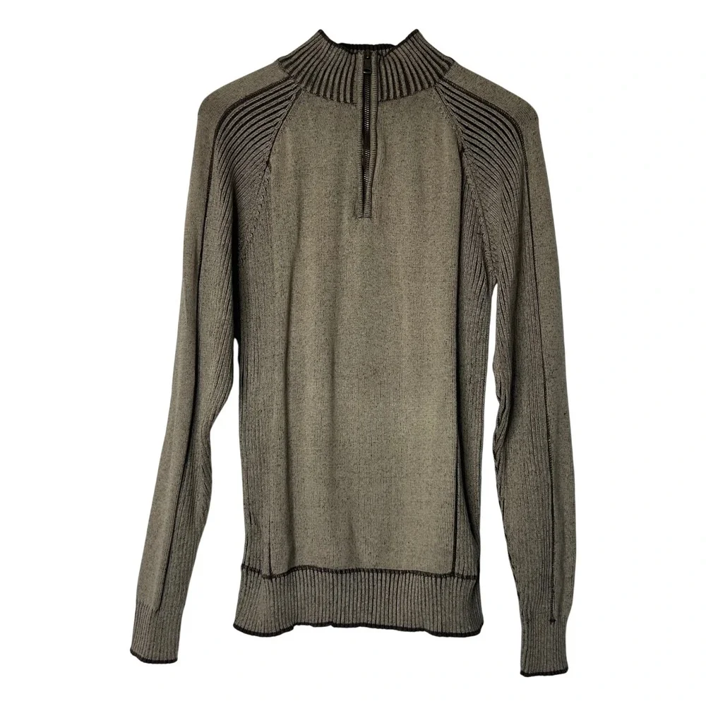 BKE Mens Large Quarter Zip Pullover‎ Sweater Ribbed Knit Brown Cotton Blend Y2K